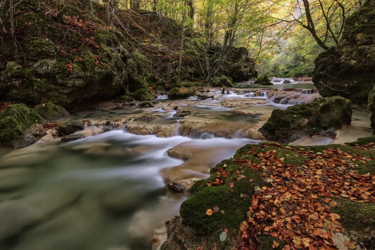 river, Trees, Leaves, Cascade, Moss, Rocks, Stones, Nature, Spain, Spain, River, Water, Waterfall HD Wallpaper Desktop Background