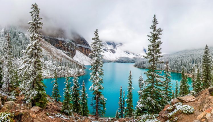 canada, Park, Lake, Mountains, Winter, Moraine, Lake, Banff, Fir, Nature HD Wallpaper Desktop Background
