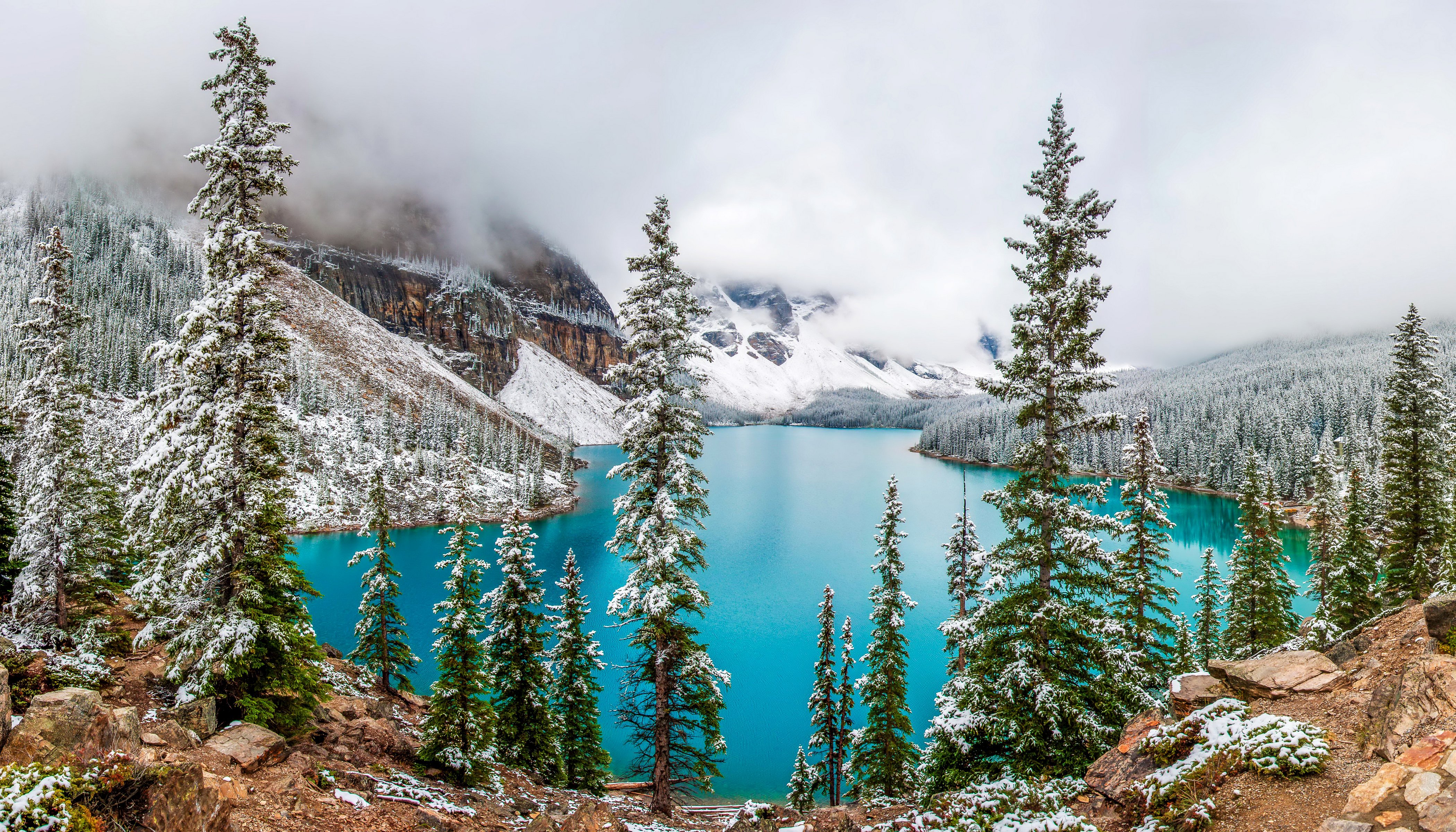 canada, Park, Lake, Mountains, Winter, Moraine, Lake, Banff, Fir, Nature Wallpaper