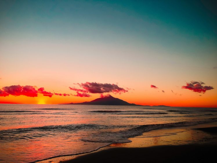 landscape, Sky, Clouds, Sunset, Sea, Waves, Beach, Island, Mountains, Nature HD Wallpaper Desktop Background