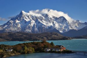 patagonia, Chile, Sky, Clouds, Mountains, Snow, Lake, House, Trees, Nature, Landscape