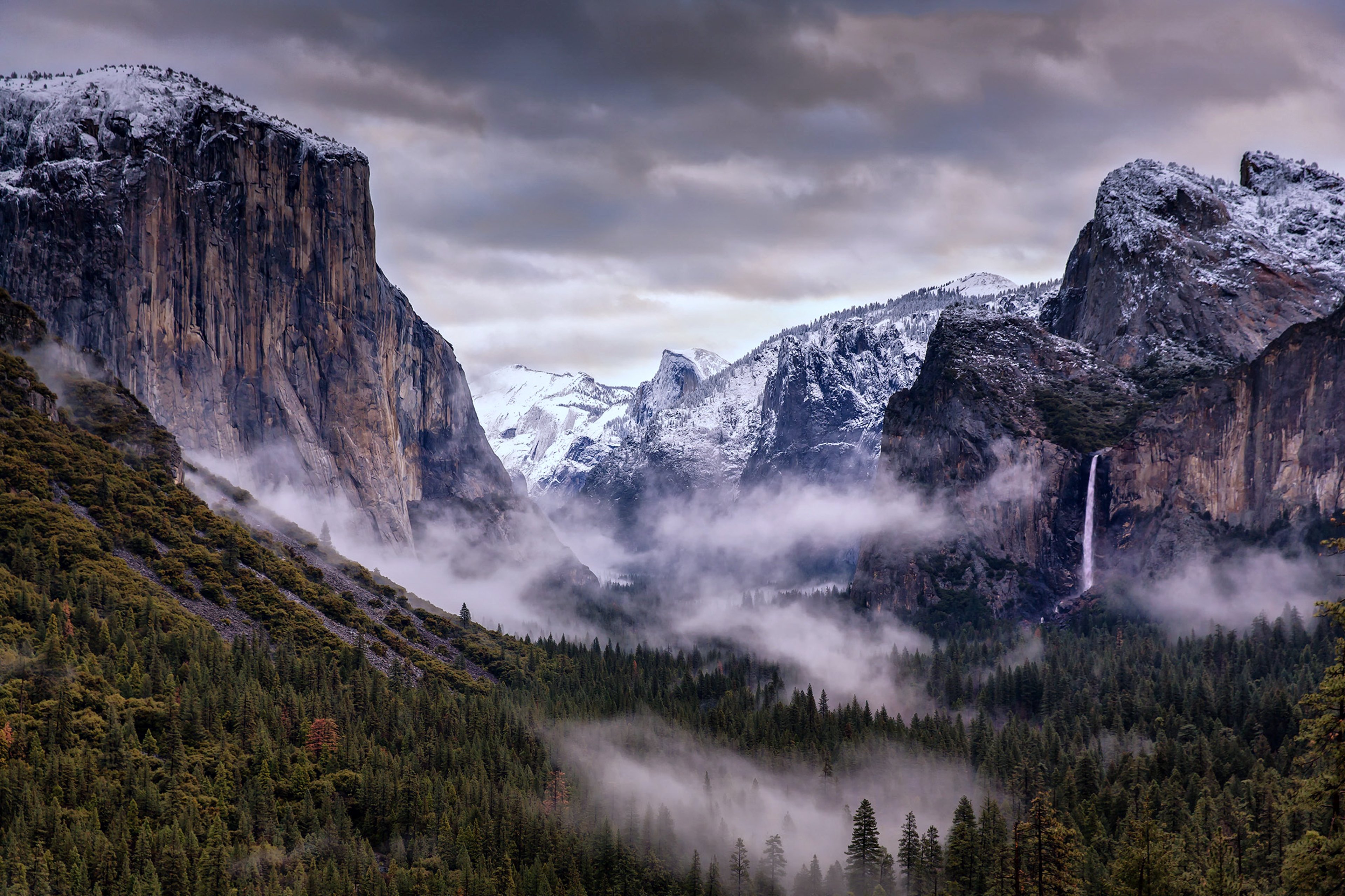 usa, California, Yosemite, Landscapes, Clouds, Nature, Mountains, Forest, Snow, Winter, Waterfall, Fog, Sky Wallpaper