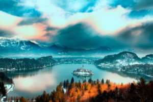 slovenia, Bled, Lake, Slovenia, Lake, Bled, Mountain, Forest, Trees, Island, Church, Home, Lake, Water, Snow, Winter, Sky, Clouds, Landscape, Nature