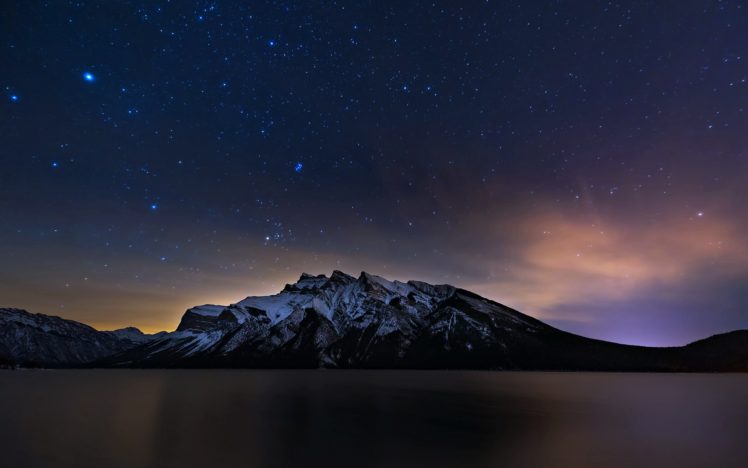 banff, Alberta, Canada, Lakes, Mountains, Night, Stars, Landscapes, Clouds, Sky, Snow HD Wallpaper Desktop Background
