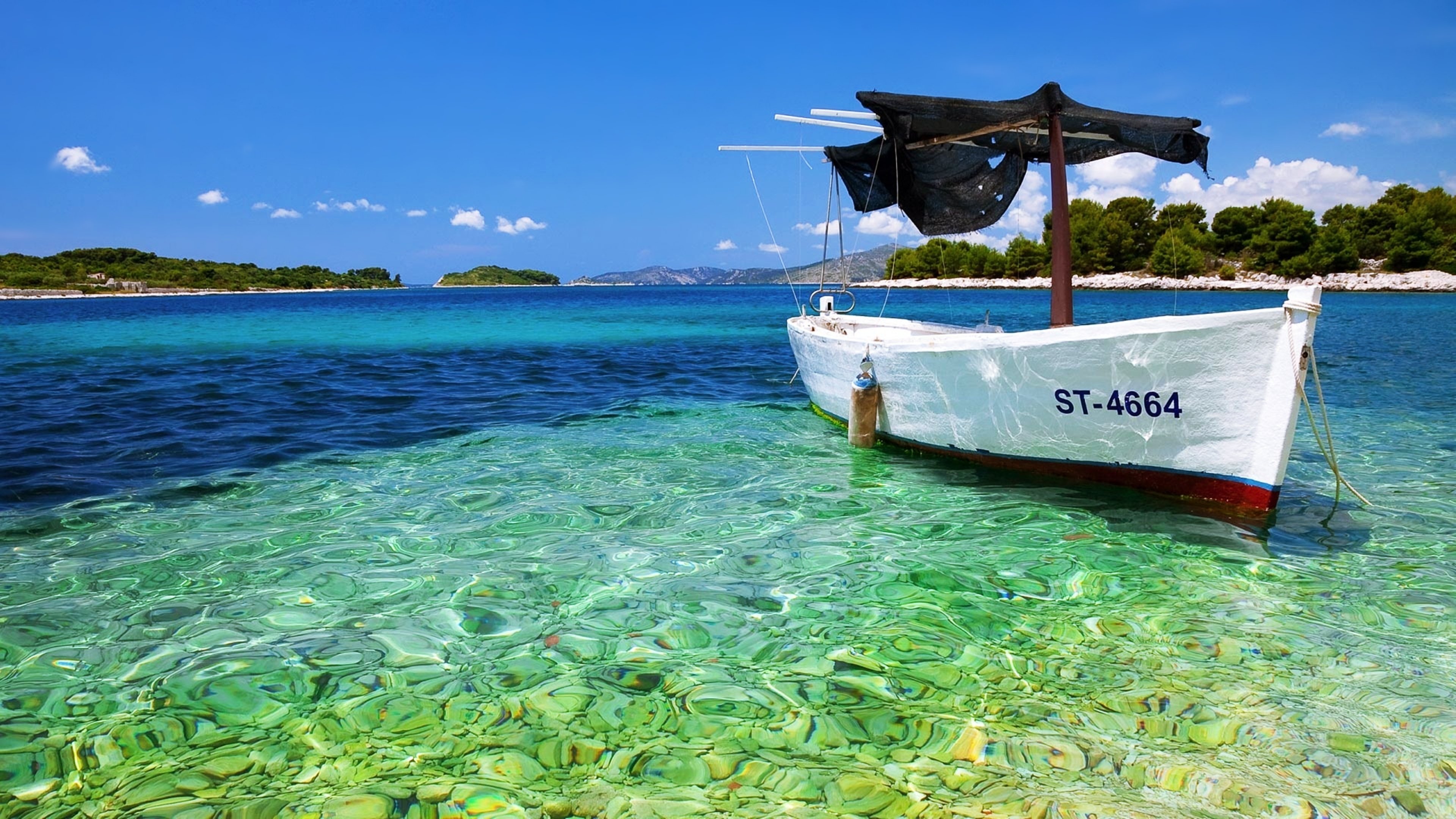 yacht, Boat, Stones, Sea, Beaches, Sky, Blue, Trees, Islands, Summer, Relax, Quiet, Landscapes, Nature Wallpaper