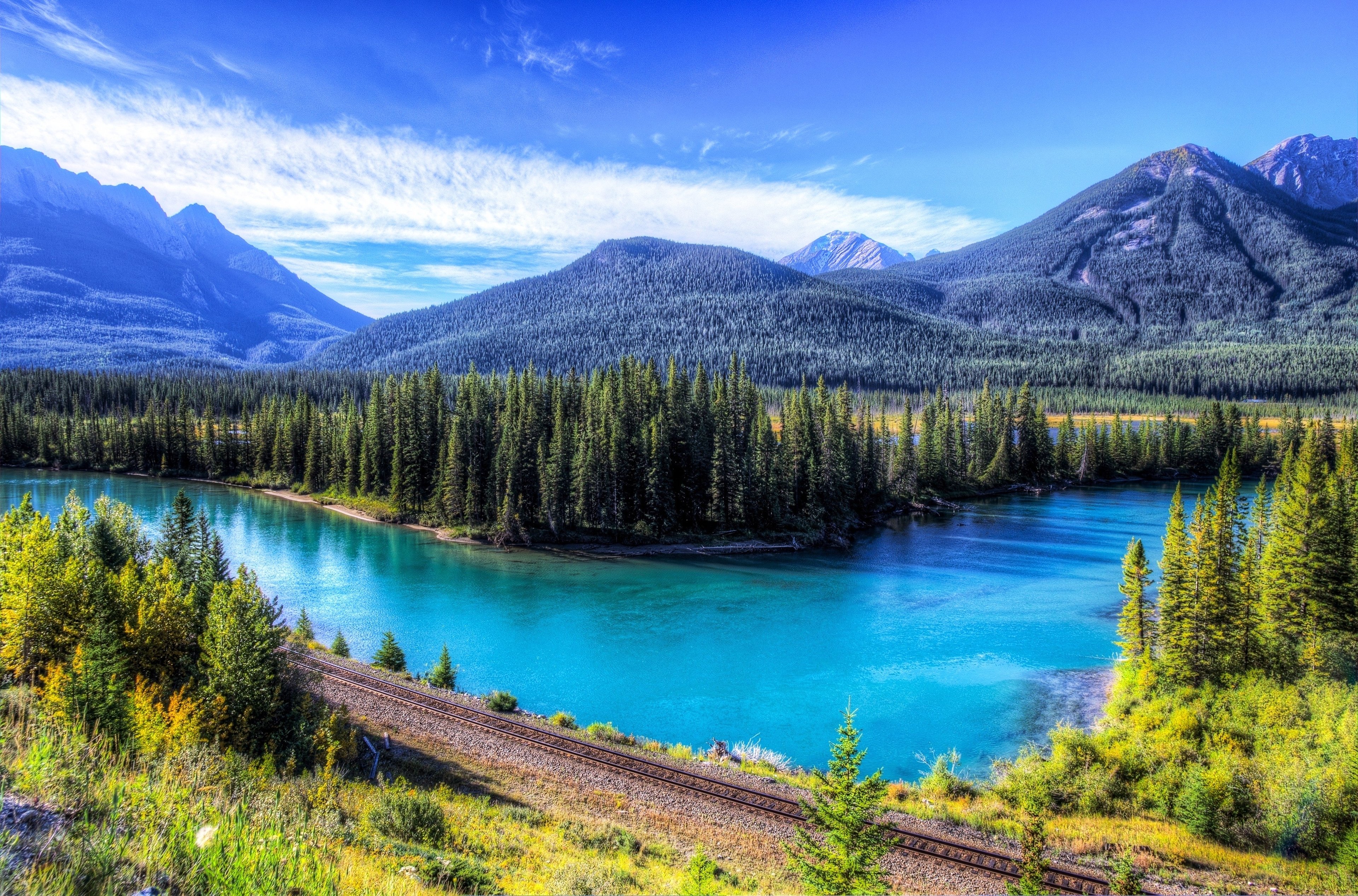 landscapes, Lakes, Mountains, Stones, Trees, Forest, Green, Snow, Sky, Clouds, Blue, Nature, Beauty, Relax, Quiet, Railroad Wallpaper