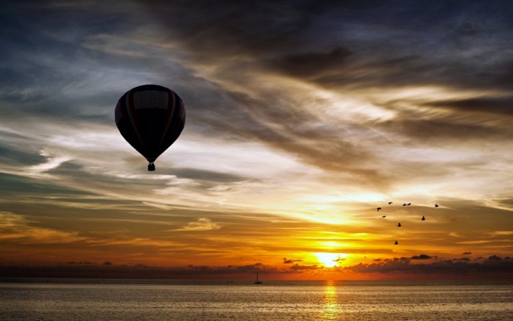 zeppelin, Air, Balloon, Landscapes, Sunset, Sky, Clouds, Birds, Nature, Sea, Beauty, Boats HD Wallpaper Desktop Background