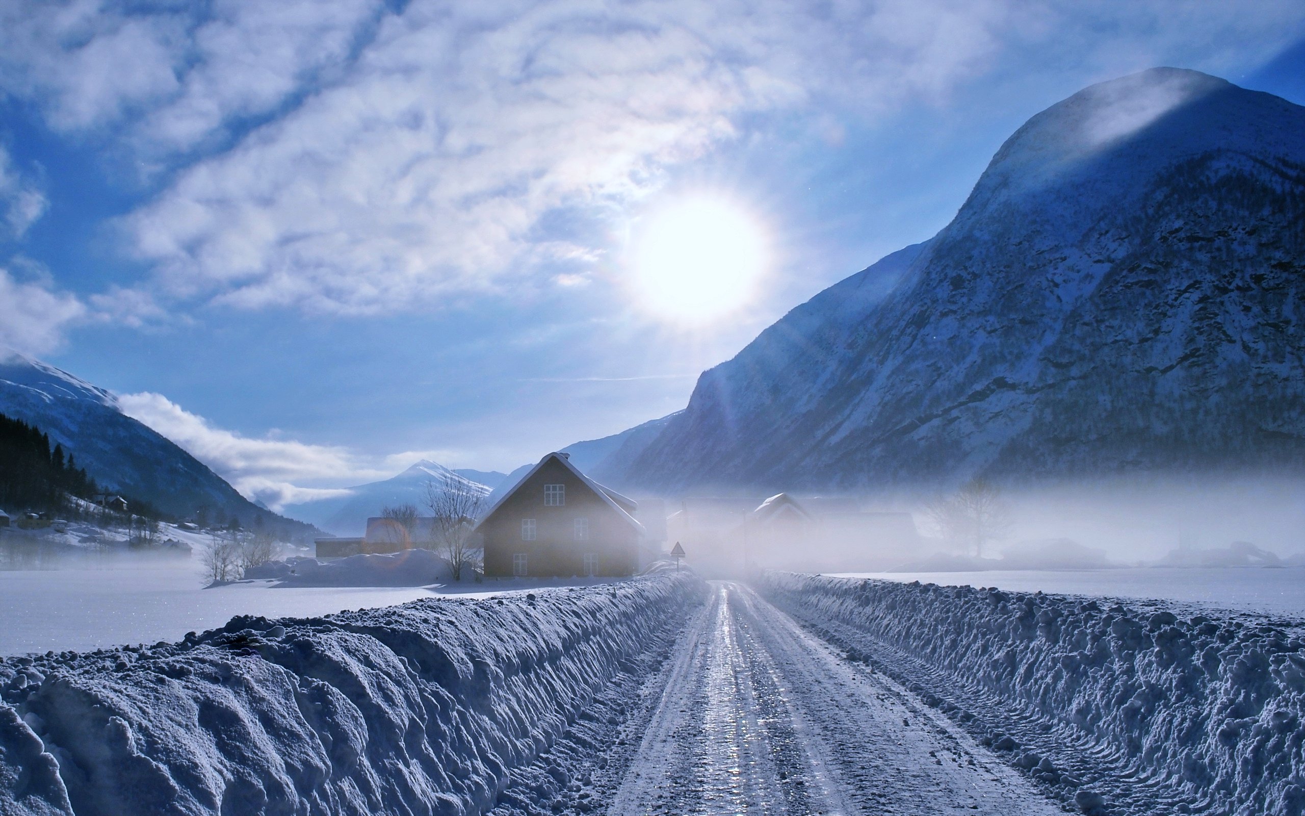snow, Road, Countryside, Mountains, Sky, Sun, Clouds, Forest, Landscapes, Nature Wallpaper