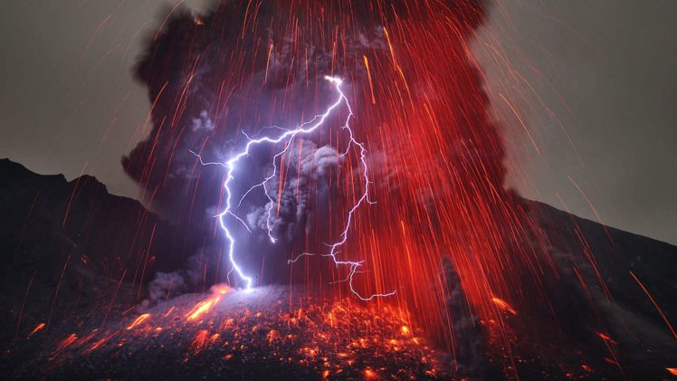volcano, Mountain, Lava, Nature, Landscape, Mountains, Fire, Lightning HD Wallpaper Desktop Background