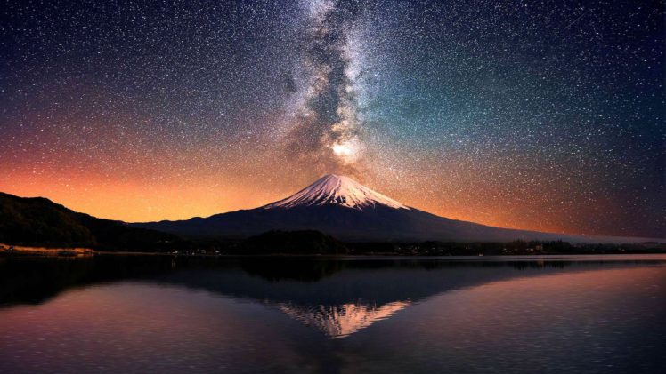 volcano, Mountain, Lake, Sky, Stars, Reflection, Lava, Nature, Landscape, Mountains, Fire HD Wallpaper Desktop Background