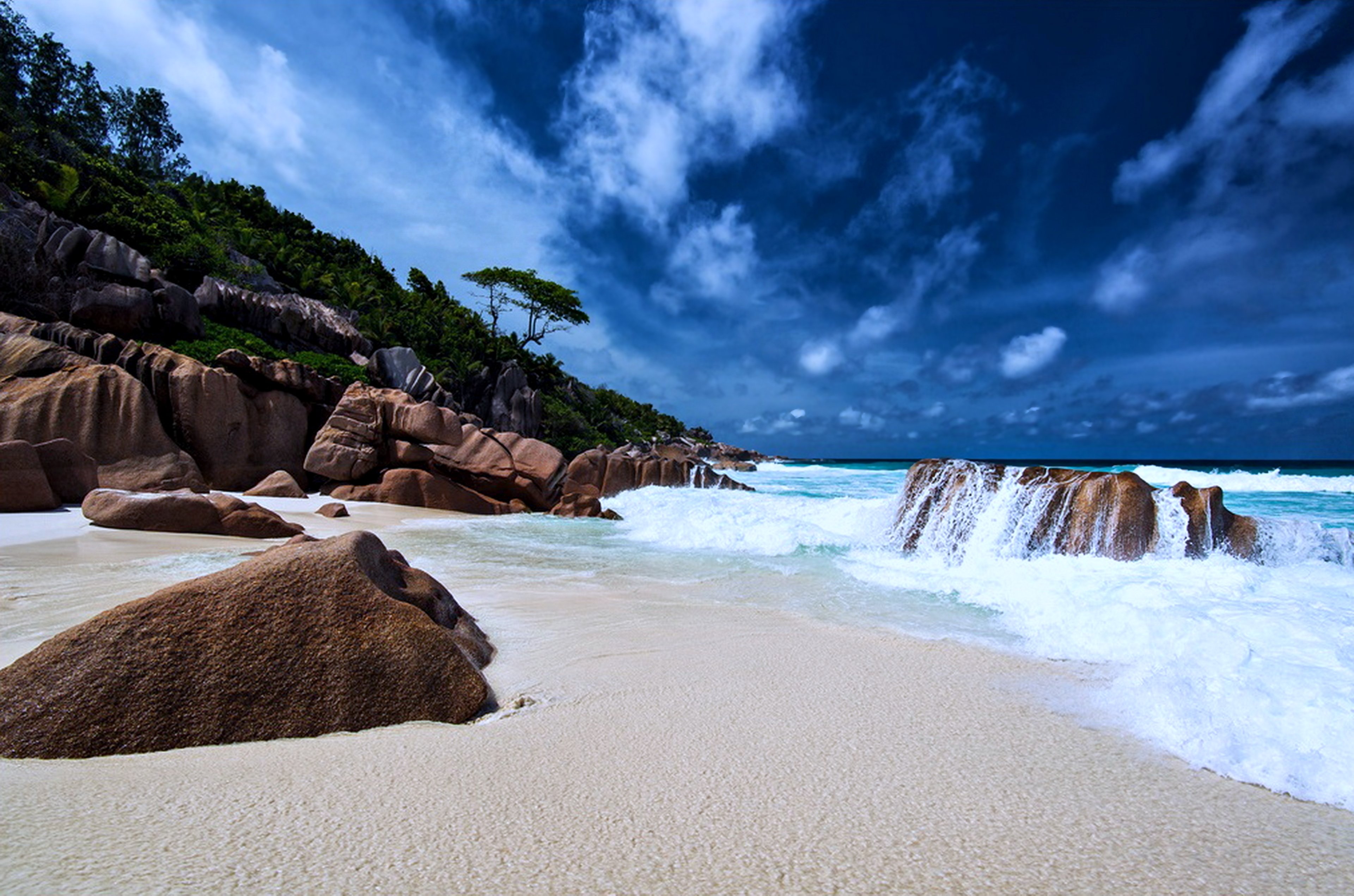 beaches, Sand, Sea, Rocks, Sky, Clouds, Landscapes, Nature, Summer, Earth, Hills, Trees Wallpaper