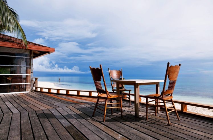 beaches, Sea, Clouds, Holiday, Summer, Calm, Quiet, House, Resort, Luxury, Wood, Table, Chairs, Nature, Landscapes, Earth, Happy, Fun HD Wallpaper Desktop Background