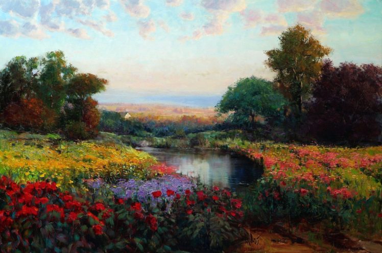 picture, Landscape, Oil, Art, Eric, Wallis, Meadow, Lake, Flowers, Trees, Sky HD Wallpaper Desktop Background