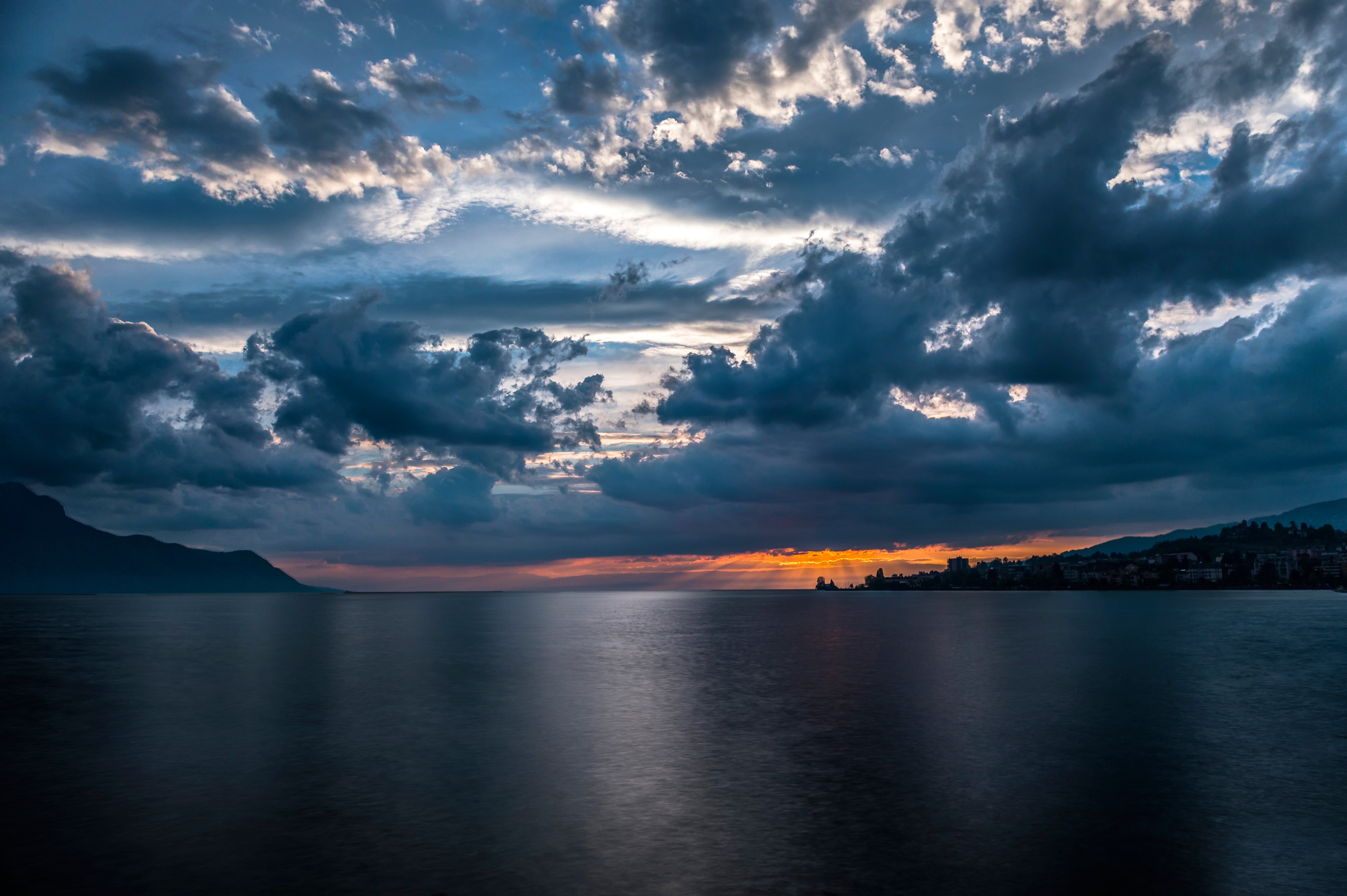 lake, Geneva, Switzerland, The, City, Of, Montreux, Sky, Clouds, Sunset, Sunrise Wallpaper