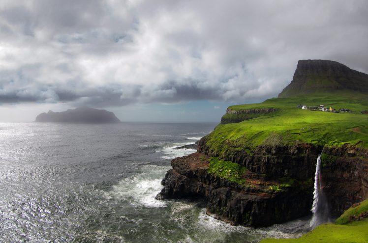 sea, Cloud, Village, Coast, Shore, Gaasadalur, Arctic, Scandinavia, Waterfall, Landscape, Denmark, Faroe, Islands HD Wallpaper Desktop Background