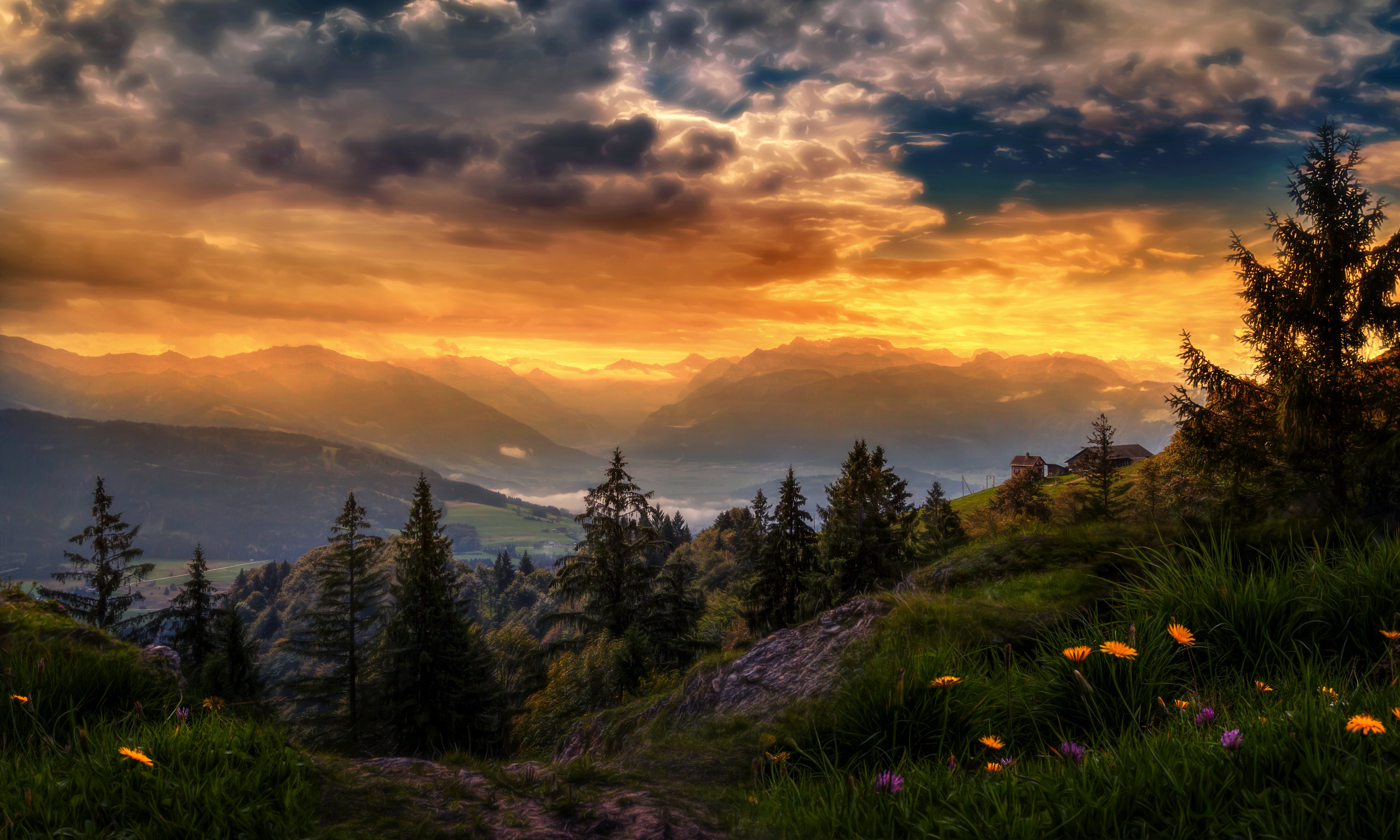 sunshine, Switzerland, Light, Flower, Valley, Glow, Countryside, Mountain, Sunset, Sundown, Landscape, Cloud Wallpaper