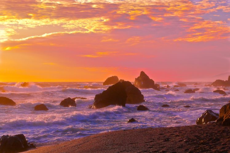 cloud, Surf, Sunset, Glow, Rock, Wave, Sky, Seascape, Seashore, Sea HD Wallpaper Desktop Background