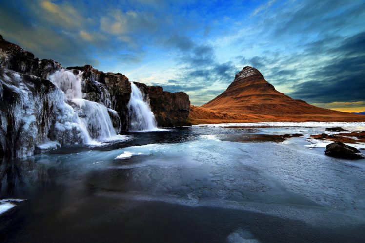 kirkjufell, Ice, Iceland, Kirkjufell, Mountain, Kirkjufell, Waterfall, Ocean, Sea, Ice, Winter HD Wallpaper Desktop Background