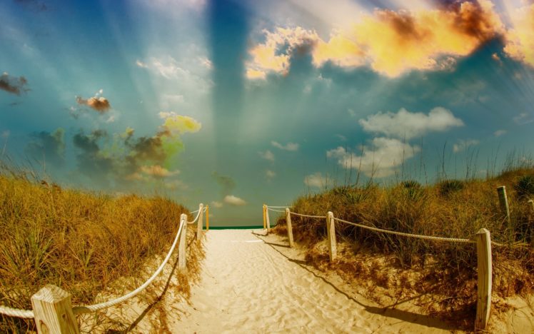 beach, Path, Trail, Mood, Sea, Ocean, Sand, Fence, Sky, Clouds, Nature, Landscape, Summer HD Wallpaper Desktop Background