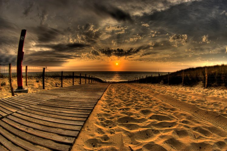 beach, Sand, Road, Traces, Fence, Sun, Evening, Sky, Decline, Clouds HD Wallpaper Desktop Background