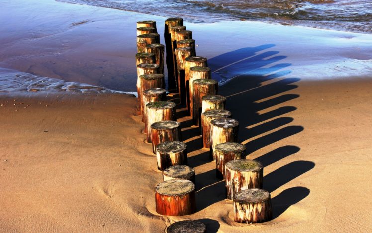 sea, Sand, Stumps, Tree, Stump, Timber, Poles, Shadow, Series HD Wallpaper Desktop Background