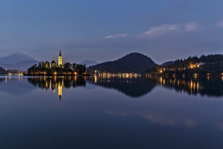 slovenia, Lake, Bled, Slovenia, Lake, Island, Church, Houses, Hills, Trees, Sky, Evening, Night, Lights, Landscape, Nature HD Wallpaper Desktop Background