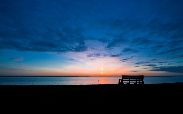 morning, Dawn, Bench, Bench, Lake, Skyline, Sun, Sunrise, Sky, Clouds HD Wallpaper Desktop Background