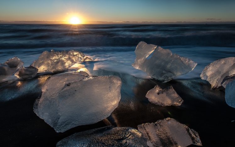 shore, Ice, Water, Sun, Sunset, Waves, Sea, Ocean, Waves HD Wallpaper Desktop Background
