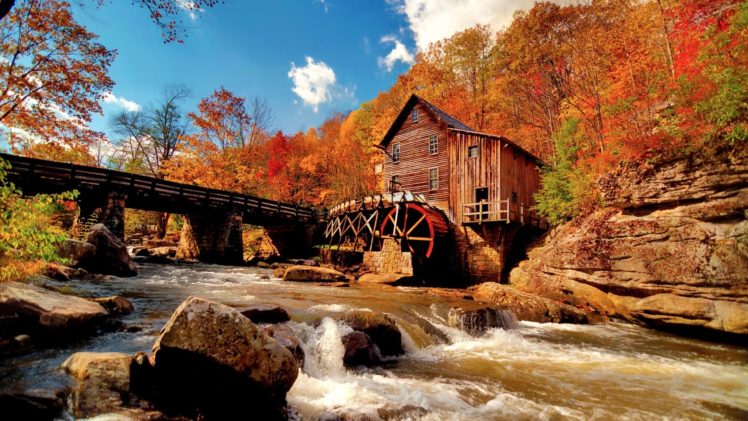 autumn, Fall, Tree, Forest, Landscape, Nature, Leaves, Mill, River, Bridge HD Wallpaper Desktop Background