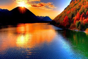 landscape, Sky, Clouds, Sun, Sunset, Mountains, Lake, Forest, Autumn, Color, Beauty, Nature