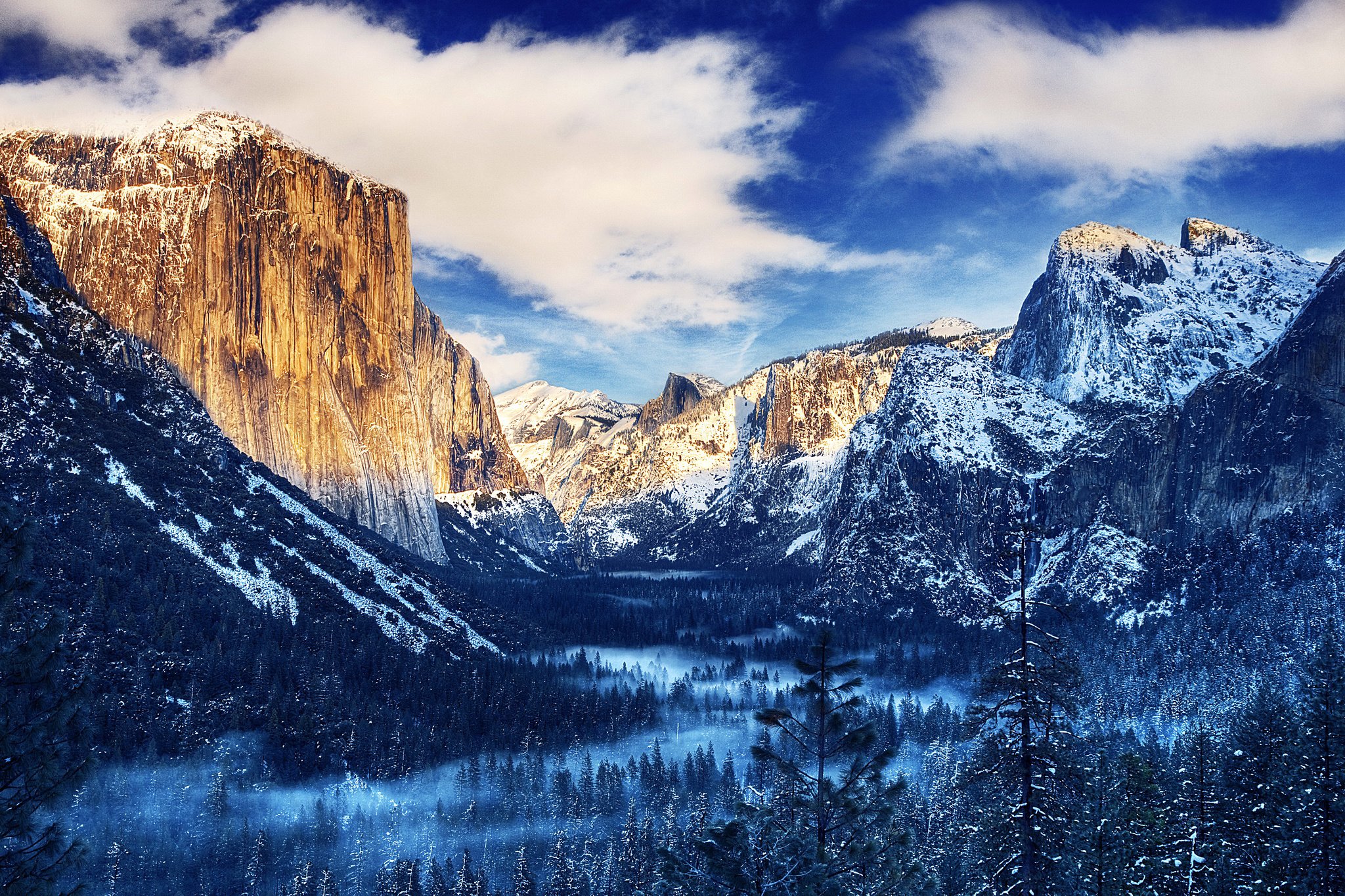 usa, Yosemite, National, Park, Yosemite, National, Park, California, Winter, Snow, Mountain, Rock, Valley, Forest, Trees, Fog, Clouds Wallpaper