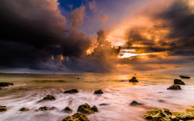 clouds, Ocean, Rocks, Stones, Sunset HD Wallpaper Desktop Background