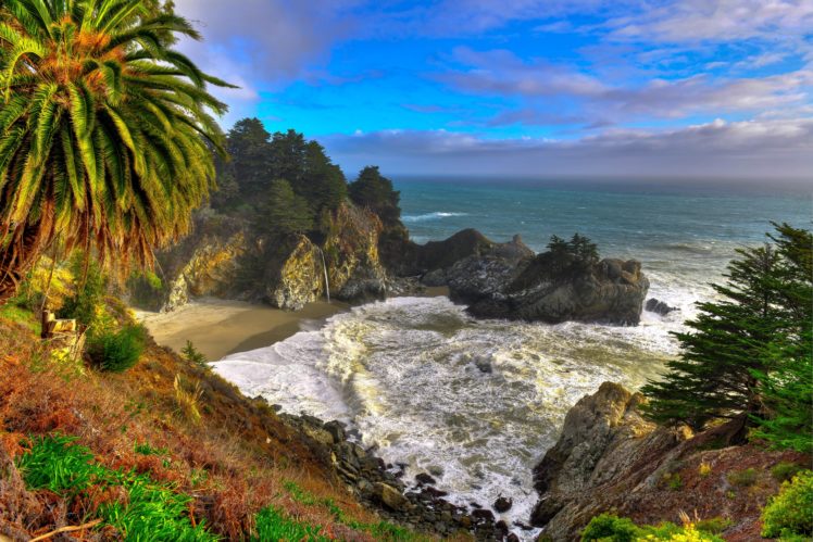 california, Usa, Sky, Rocks, Waterfall, Sea, Palm HD Wallpaper Desktop Background