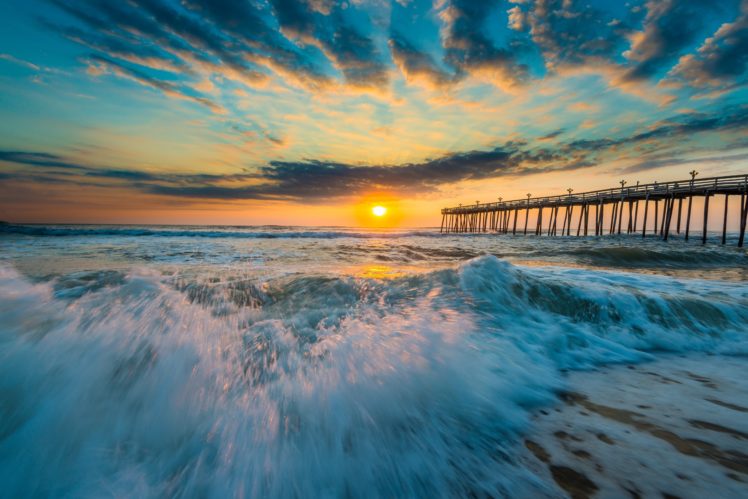 sunset, Bridge, Ocean, Wave HD Wallpaper Desktop Background