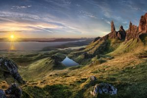 nature, Landscape, Sunrise, Island, Scotland, Grass, Sea, Mountain