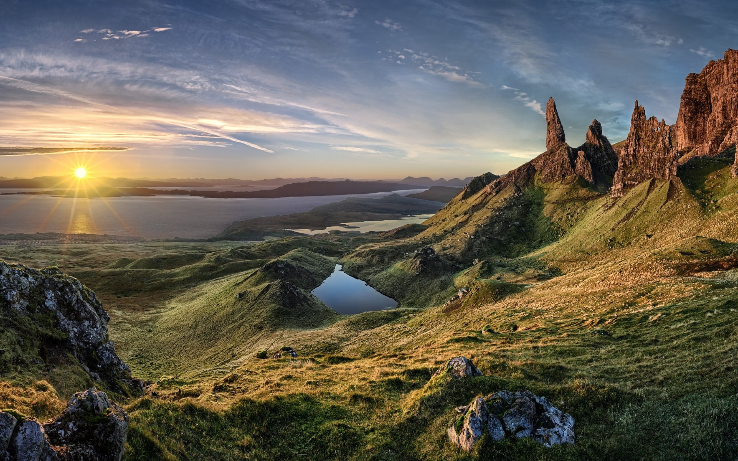 nature, Landscape, Sunrise, Island, Scotland, Grass, Sea, Mountain Wallpaper