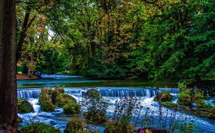 germany, Parks, Waterfalls, Bavaria, Trees, Moss, Munich, Nature HD Wallpaper Desktop Background