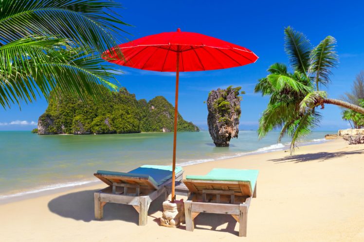 thailand, Tropics, Coast, Crag, Sand, Sunlounger, Umbrella, Palma, Phuket, Nature HD Wallpaper Desktop Background