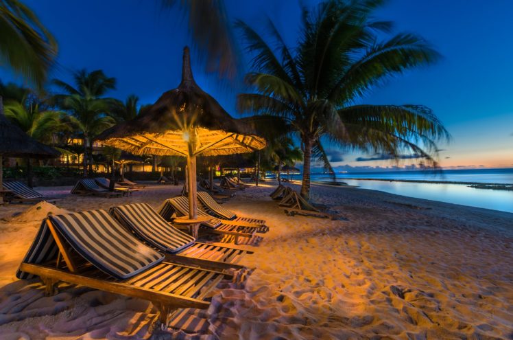 mauritius, Tropics, Coast, Evening, Sand, Palma, Street, Lights, Sunlounger, Nature HD Wallpaper Desktop Background