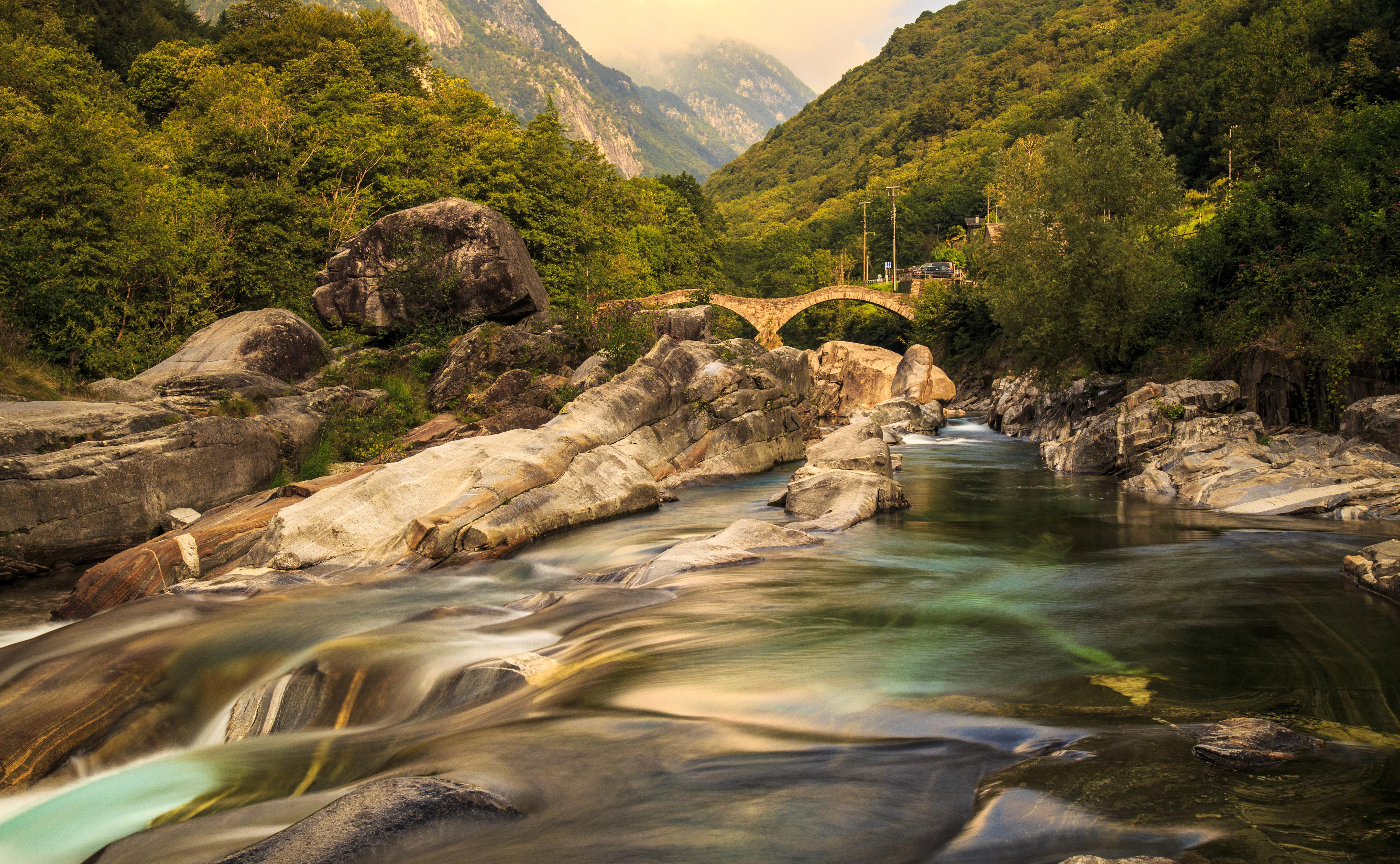 switzerland, Mountains, Rivers, Forests, Bridges, Stones, Verzasca, Valley, Ticino, Nature Wallpaper