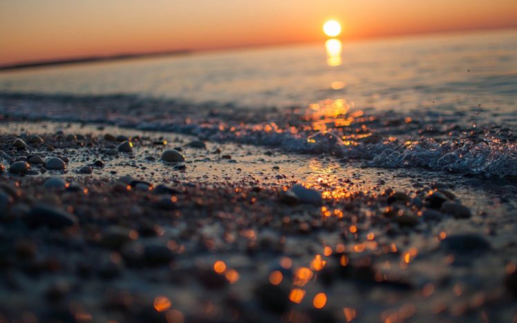 sunset, Sand, Bokeh, Pebbles, Seascapes, Sea, Shorelines HD Wallpaper Desktop Background