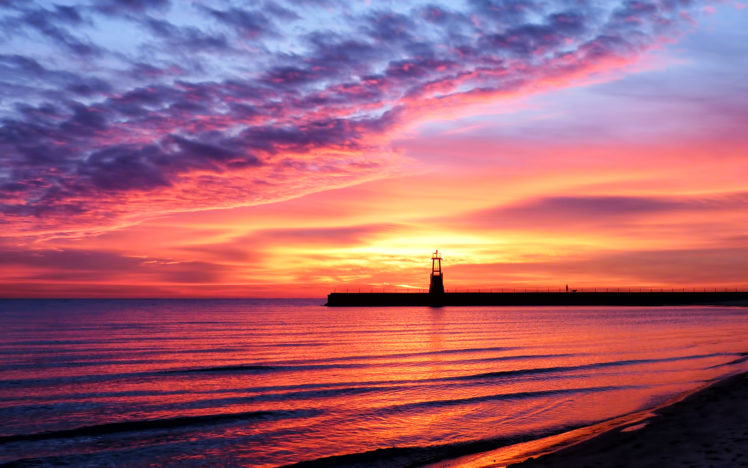 landscape, Sea, Sunset, Beauty, Coast, Beach, Water, Sky, Lighthouse, Sand, Reflection, Shine HD Wallpaper Desktop Background