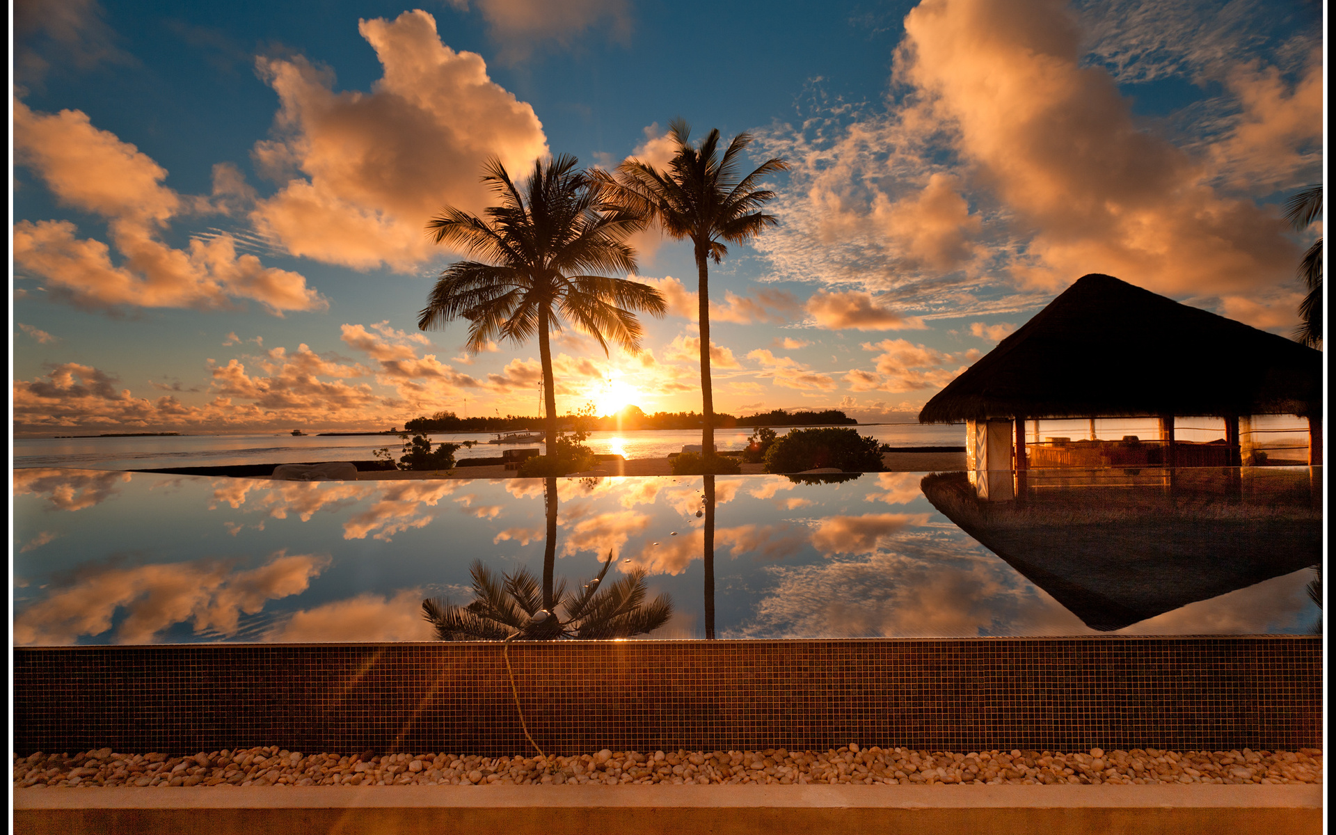 landscape, Water, Palm, Trees, Sunset, Sky, Sun, Clouds, Maldives Wallpaper