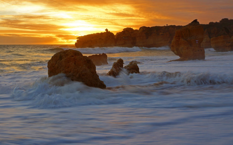 portugal, Atlantic, Ocean, Cliffs, Coast, Surf, Sun HD Wallpaper Desktop Background