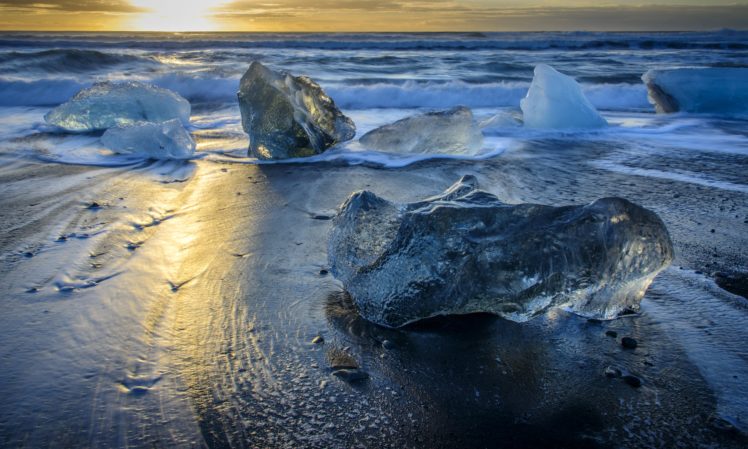 iceland, Sunrises, And, Sunsets, Coast, Waves, Ice, Nature HD Wallpaper Desktop Background