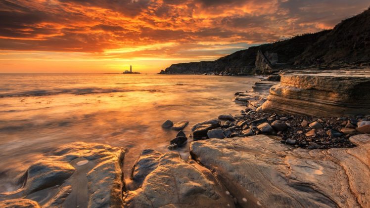 nature, Beauty, Landscape, Lighthouse, Rocks, Sea, Sunset, View HD Wallpaper Desktop Background