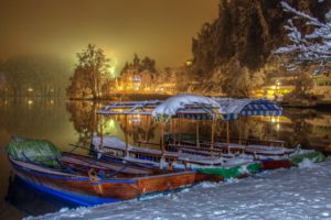 nature, Beach, Bled, Boats, Cool, Houses, Ice, Lake, Landscape, Lights, Night, Season, Slovenia, Snow, Trees, Water, Winter