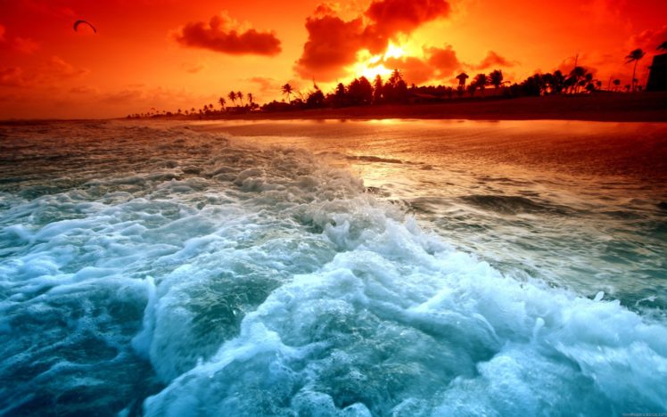beach, Sea, Ocean, Beauty, Sky, Cloud, Sunset, Red HD Wallpaper Desktop Background