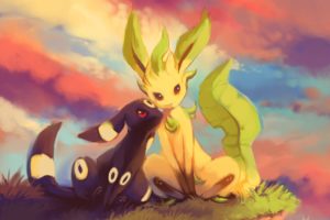 pokemon, Brown, Eyes, Clouds, Grass, Leafeon, Pokemon, Purple, Kecleon, Red, Eyes, Signed, Sky, Sunset, Tail, Umbreon