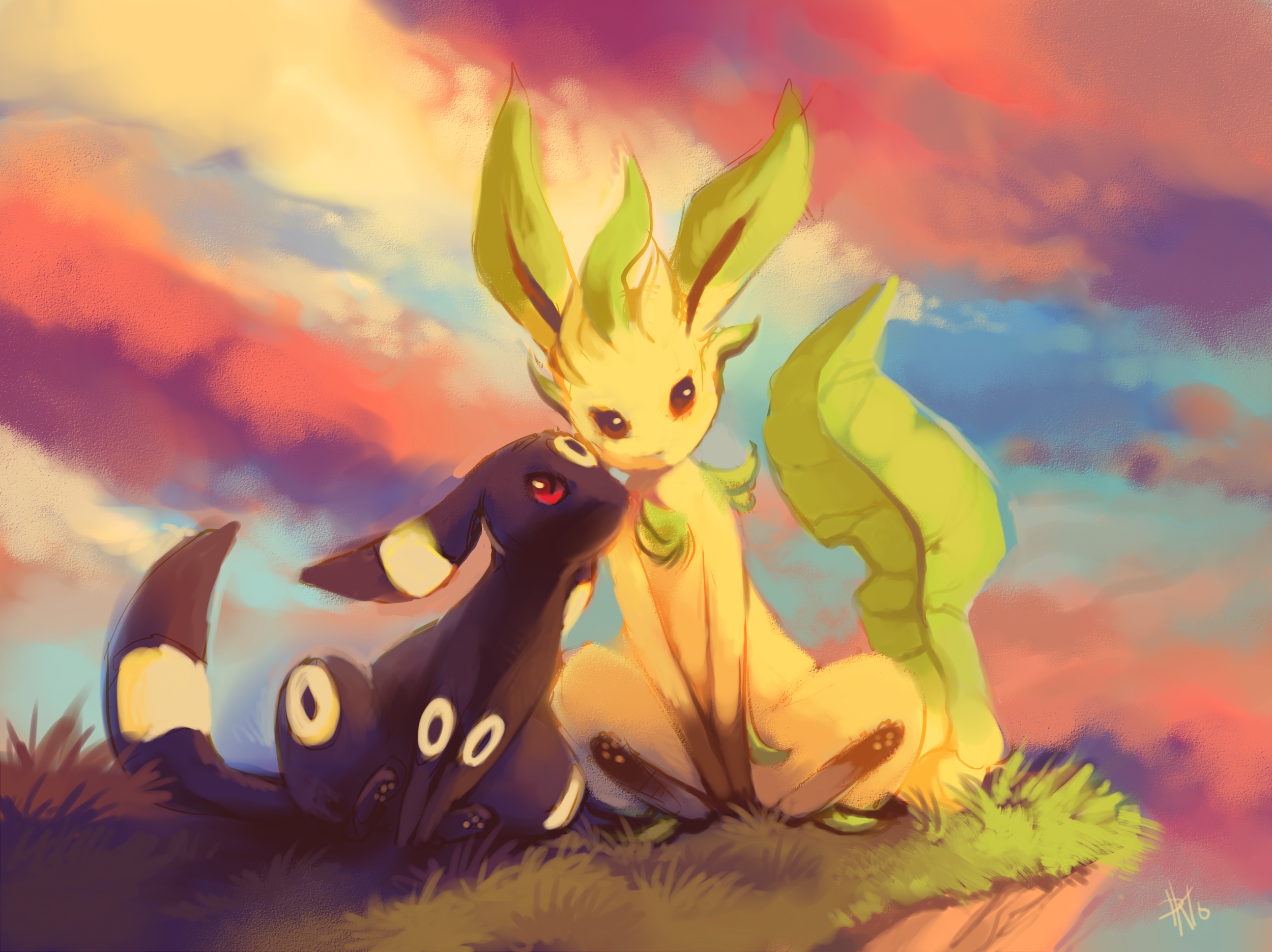 pokemon, Brown, Eyes, Clouds, Grass, Leafeon, Pokemon, Purple, Kecleon, Red, Eyes, Signed, Sky, Sunset, Tail, Umbreon Wallpaper